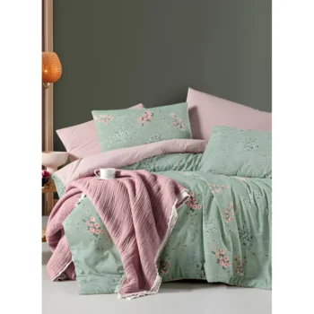 Posteljina Green set sa lastišem zelena cvetni dezen 70% pamuk 200x220 cm bračni krevet – trendova.rs