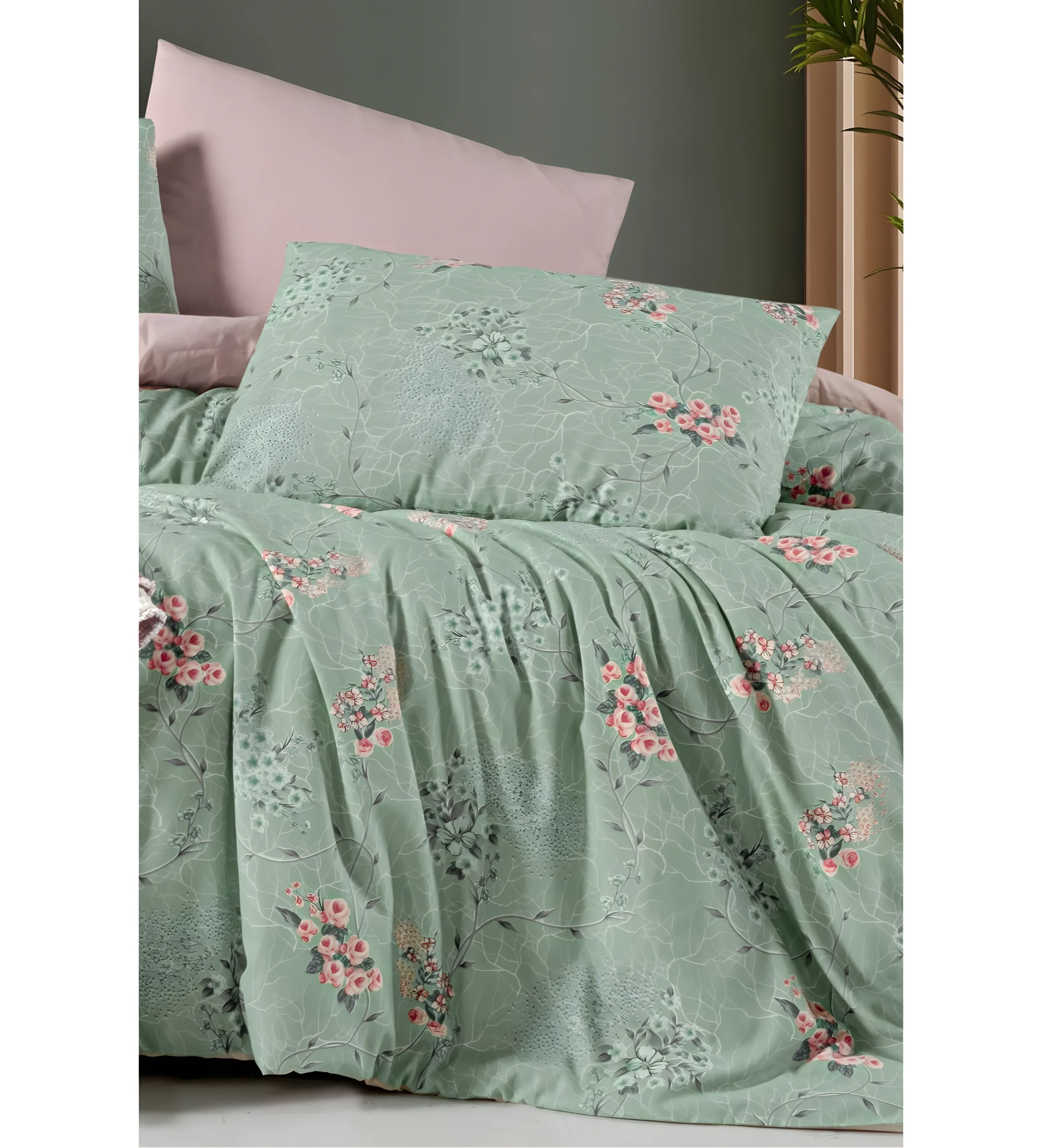 Posteljina Green set sa lastišem zelena cvetni dezen 70% pamuk 200x220 cm bračni krevet – trendova.rs